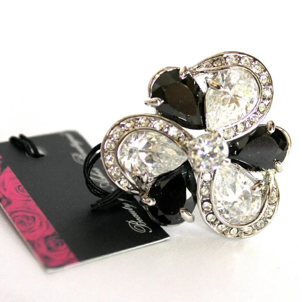 Womens Glamour Black Cz White Flower Cubic Zirconia Cocktail Party Chunky Ring 6